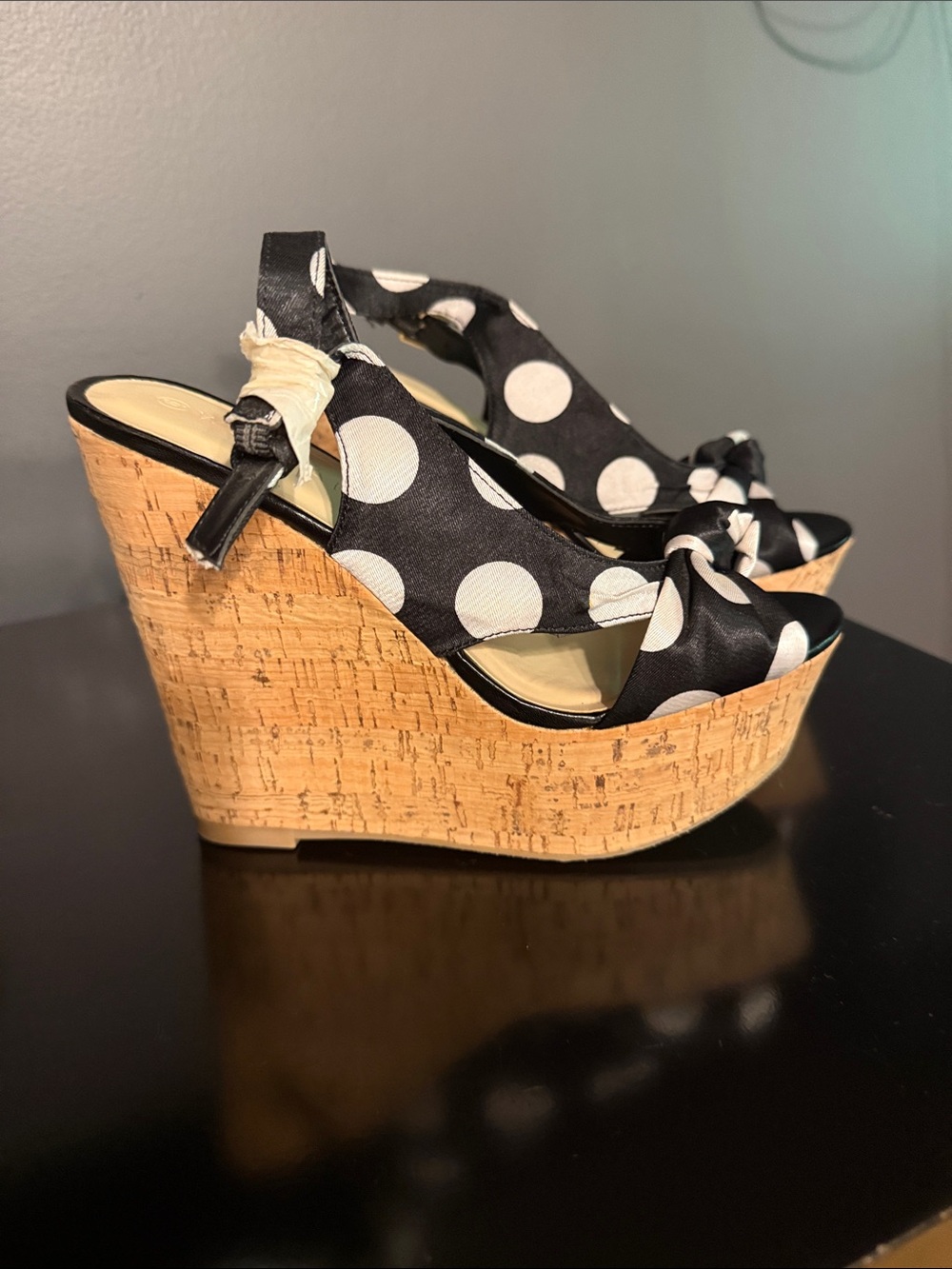 Wild Diva Black and White Polka Dot Cork Wedge Sandals